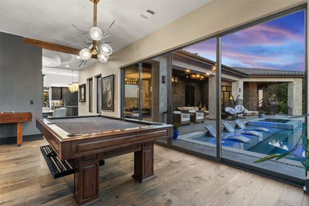 Billiard Table, Game Room, Interior, Pendant Lights, Wood Texture Flooring