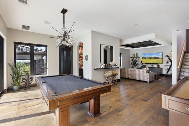 Billiard Table, Game Room, Interior, Living room, Pendant Lights, Recessed Lighting, Wood Texture Flooring