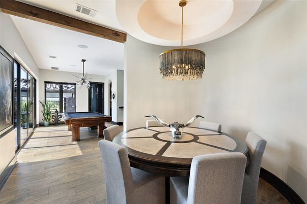Billiard Table, Chandelier, Dining room, Game Room, Interior, Pendant Lights, Wood Texture Flooring