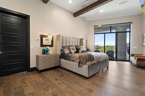 Bedroom, Interior, Pendant Lights, Recessed Lighting, Wooden Beams, Wood Texture Flooring