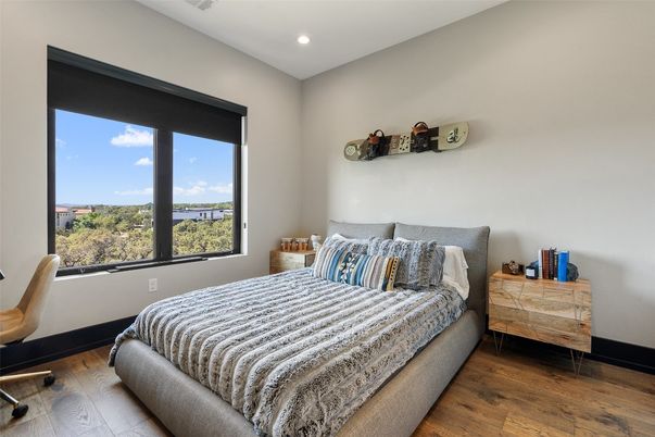 Bedroom, Interior, Recessed Lighting, Wood Texture Flooring