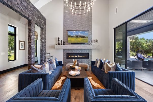 Fireplace, Interior, Living room, Pendant Lights, Wood Texture Flooring