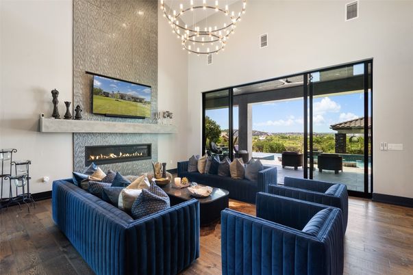 Fireplace, Interior, Living room, Pendant Lights, Wood Texture Flooring