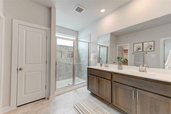 Bathroom, Dual Sink Vanities, Glass Shower, Interior, Recessed Lighting