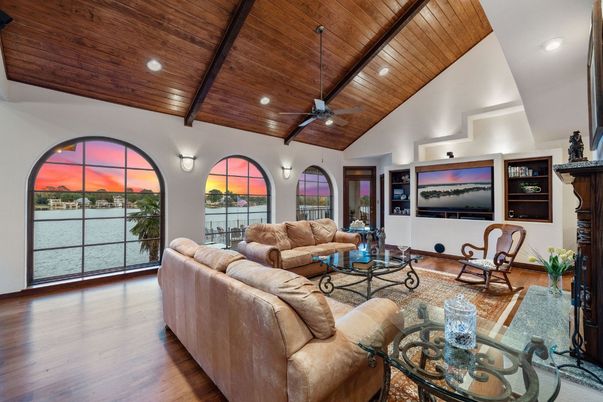 Fireplace, Interior, Living room, Recessed Lighting, Wooden Beams, Wooden Ceilings, Wood Texture Flooring