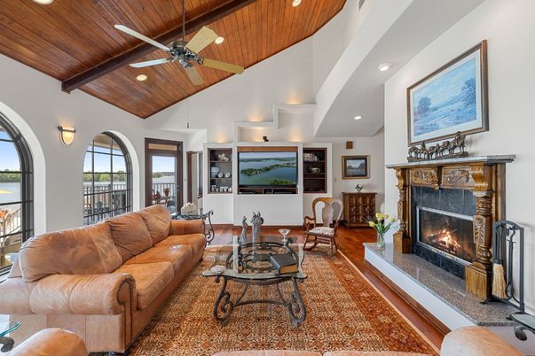 Fireplace, Interior, Living room, Recessed Lighting, Wooden Beams, Wooden Ceilings, Wood Texture Flooring