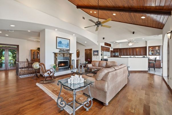 Fireplace, Interior, Kitchen, Living room, Recessed Lighting, Wooden Ceilings, Wood Texture Flooring
