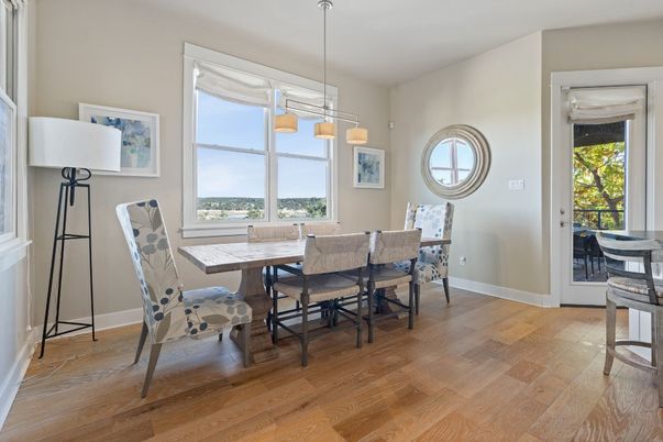 Dining room, Interior, Pendant Lights, Wood Texture Flooring