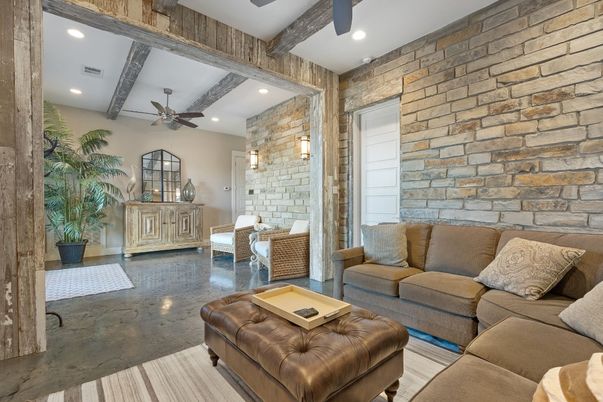 Interior, Living room, Recessed Lighting, Stone Walls, Wooden Beams