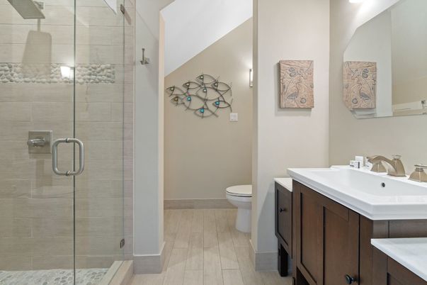Bathroom, Glass Shower, Interior, Wood Texture Flooring