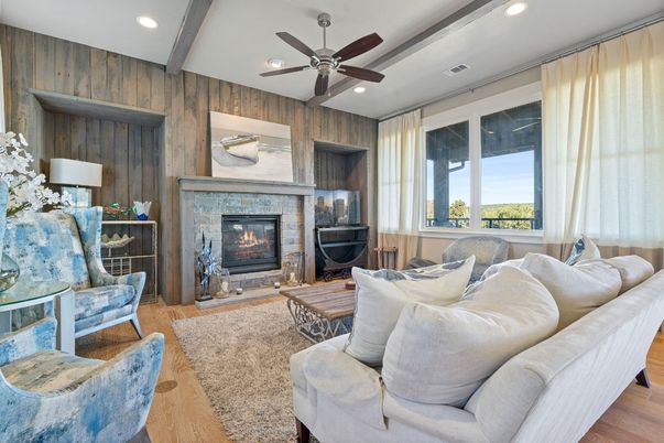 Fireplace, Interior, Living room, Recessed Lighting, Wood Texture Flooring, Wooden Walls