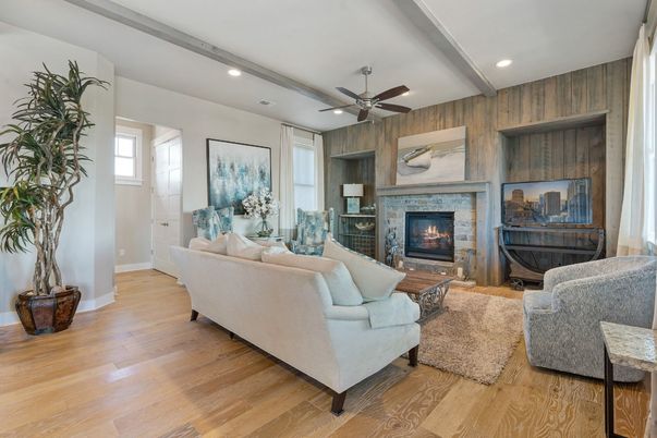 Fireplace, Interior, Living room, Recessed Lighting, Wood Texture Flooring, Wooden Walls