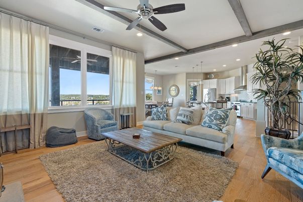 Interior, Kitchen, Living room, Pendant Lights, Recessed Lighting, Stainless Steel Appliances, Wooden Beams, Wood Texture Flooring