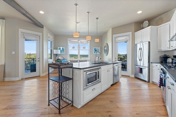 Interior, Kitchen, Pendant Lights, Recessed Lighting, Stainless Steel Appliances, Wood Texture Flooring