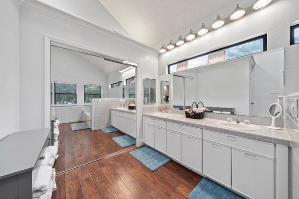 Bathroom, Dual Sink Vanities, Interior, Tile Countertops, Wood Texture Flooring