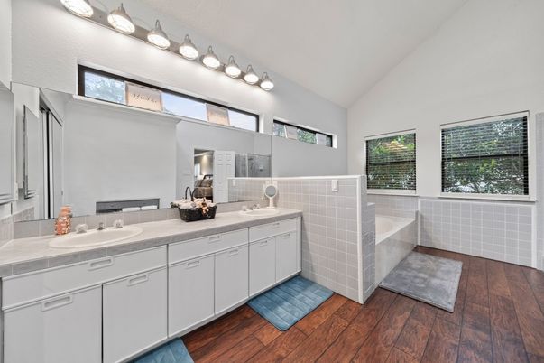 Bathroom, Dual Sink Vanities, Interior, Tile Countertops, Wood Texture Flooring