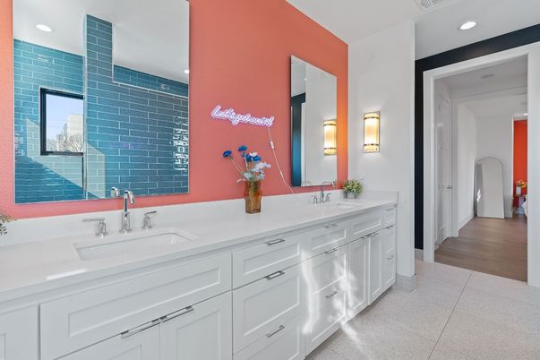 Bathroom, Dual Sink Vanities, Interior, Recessed Lighting, Wood Texture Flooring