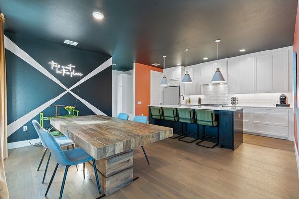 Dining room, Interior, Kitchen, Pendant Lights, Recessed Lighting, Wood Texture Flooring