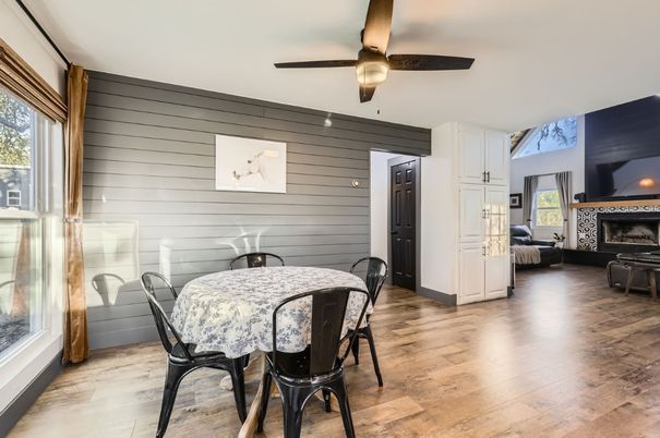 Dining room, Fireplace, Interior, Wood Texture Flooring