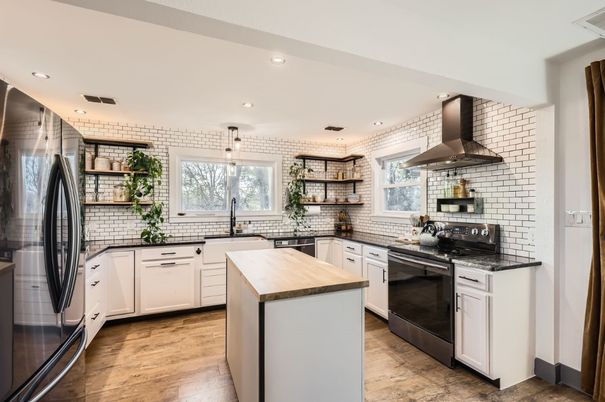 Interior, Kitchen, Recessed Lighting, Stainless Steel Appliances, Stone Walls, Wood Texture Flooring