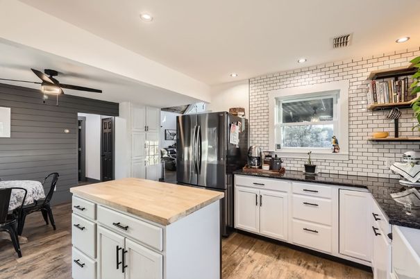 Interior, Kitchen, Recessed Lighting, Stone Walls, Wood Texture Flooring