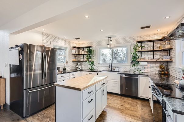 Interior, Kitchen, Recessed Lighting, Stainless Steel Appliances, Stone Walls, Wood Texture Flooring