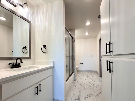 Bathroom, Glass Shower, Interior, Marble, Recessed Lighting