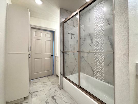 Bathroom, Glass Shower, Interior, Marble, Marble Walls, Recessed Lighting
