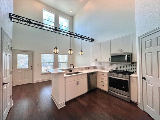 Interior, Kitchen, Pendant Lights, Recessed Lighting, Stainless Steel Appliances, Wood Texture Flooring