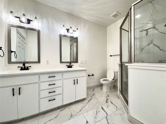 Bathroom, Dual Sink Vanities, Glass Shower, Interior, Marble, Marble Walls