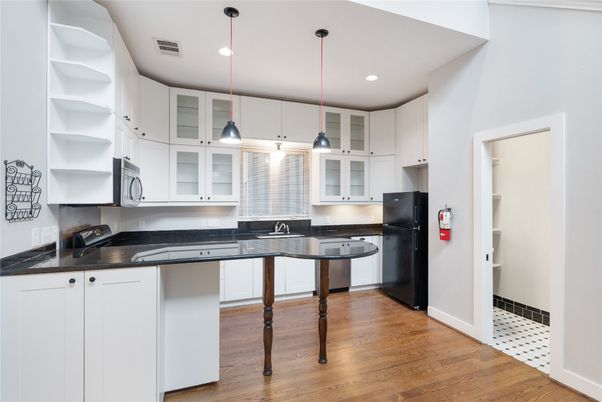Interior, Kitchen, Pendant Lights, Recessed Lighting, Wood Texture Flooring