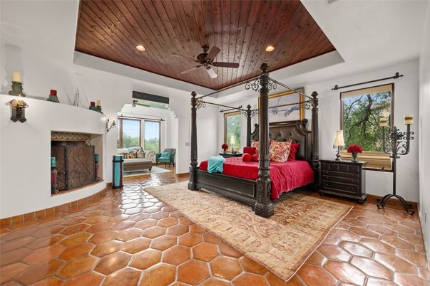 Bedroom, Fireplace, Interior, Recessed Lighting, Wooden Ceilings