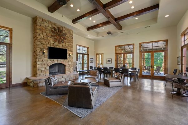 Dining room, Fireplace, Interior, Living room, Recessed Lighting, Stone Walls, Wooden Beams