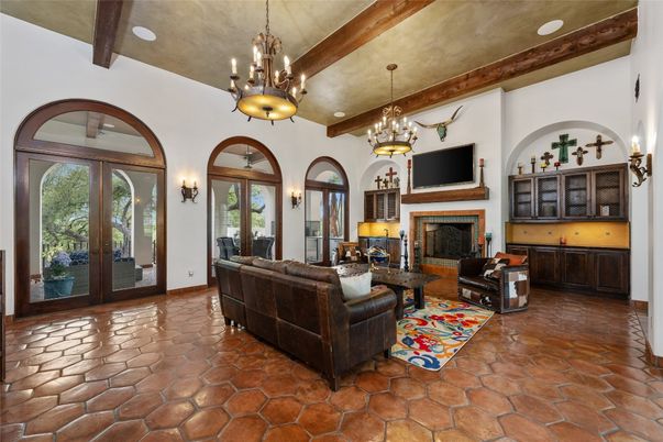 Chandelier, Fireplace, Interior, Living room, Pendant Lights, Recessed Lighting, Wooden Beams