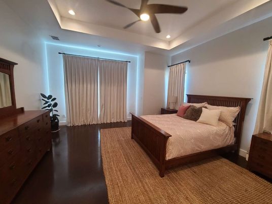 Bedroom, Interior, Recessed Lighting, Wood Texture Flooring