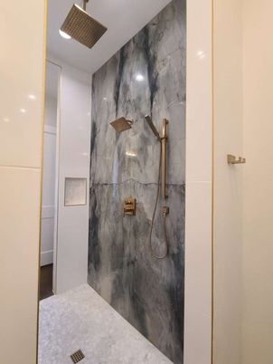 Bathroom, Glass Shower, Interior, Marble Walls, Recessed Lighting