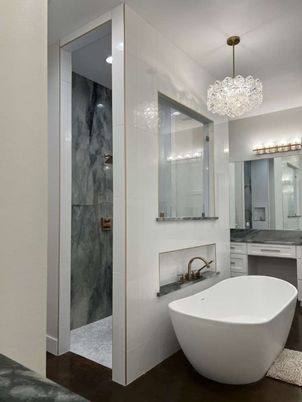 Bathroom, Chandelier, Free Standing Baths, Interior, Wood Texture Flooring