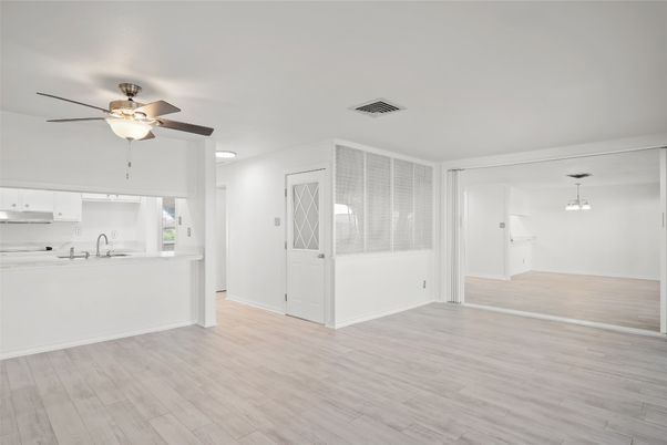 Empty room, Interior, Kitchen, Pendant Lights, Wood Texture Flooring