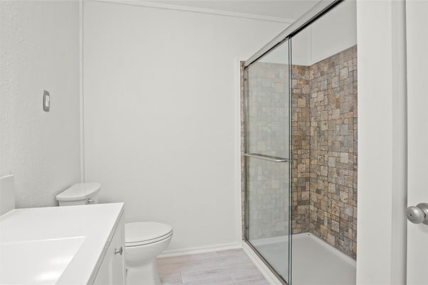 Bathroom, Glass Shower, Interior, Wood Texture Flooring