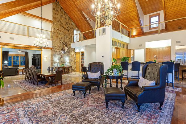 Chandelier, Dining room, Interior, Living room, Pendant Lights, Wooden Beams, Wooden Ceilings, Wood Texture Flooring