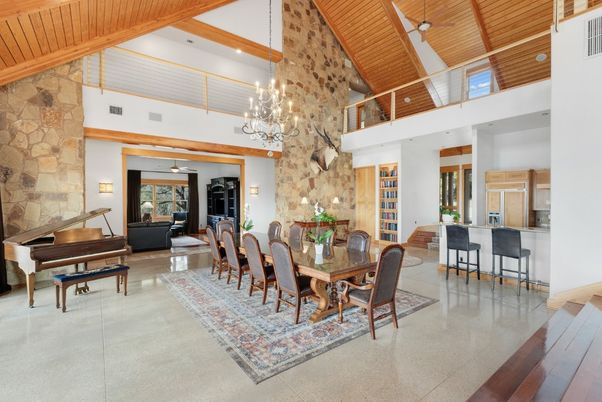 Chandelier, Dining room, Interior, Pendant Lights, Piano, Recessed Lighting, Stone Walls, Wooden Beams, Wooden Ceilings