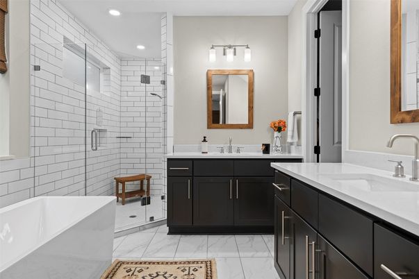 Bathroom, Dual Sink Vanities, Glass Shower, Interior, Marble, Recessed Lighting