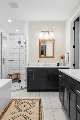Bathroom, Dual Sink Vanities, Glass Shower, Interior, Marble, Recessed Lighting