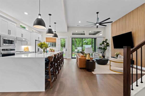 Interior, Kitchen, Living room, Pendant Lights, Recessed Lighting, Wood Texture Flooring