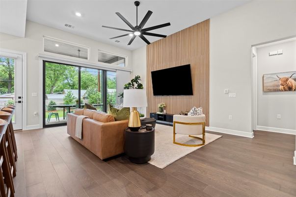Interior, Living room, Recessed Lighting, Wood Texture Flooring