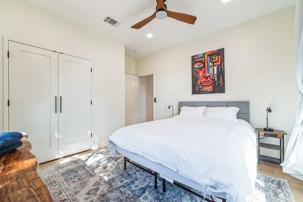 Bedroom, Interior, Recessed Lighting, Wood Texture Flooring