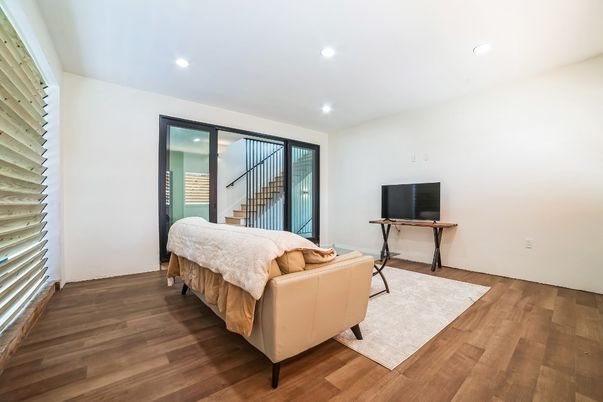 Bedroom, Interior, Recessed Lighting, Wood Texture Flooring