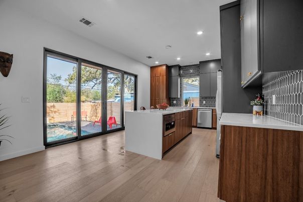 Interior, Kitchen, Recessed Lighting, Stainless Steel Appliances, Wood Texture Flooring