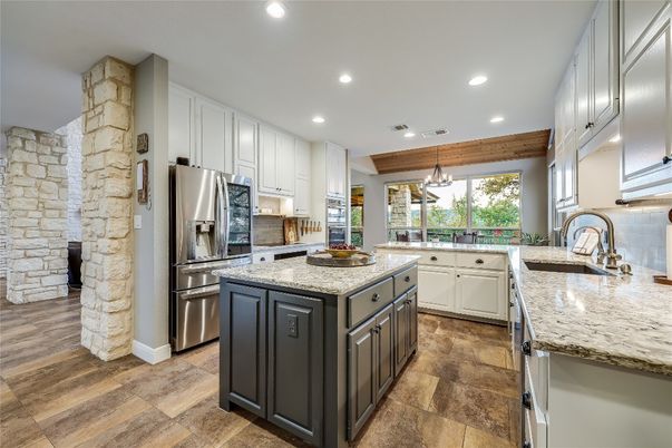 Interior, Kitchen, Pendant Lights, Recessed Lighting, Stainless Steel Appliances, Stone Walls, Wood Texture Flooring