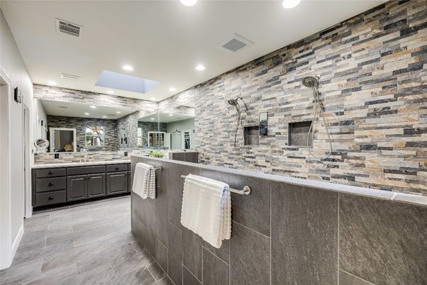 Bathroom, Dual Sink Vanities, Interior, Recessed Lighting, Stone Walls